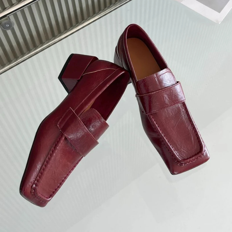 Leather Work Flats Women - 여성 스퀘어 토 청키 힐 드레스