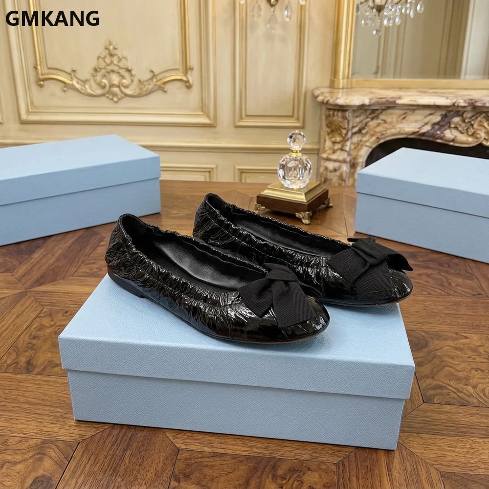 Leather Work Flats Women - 여성용 발레 플랫 슈즈, 리본 장식
