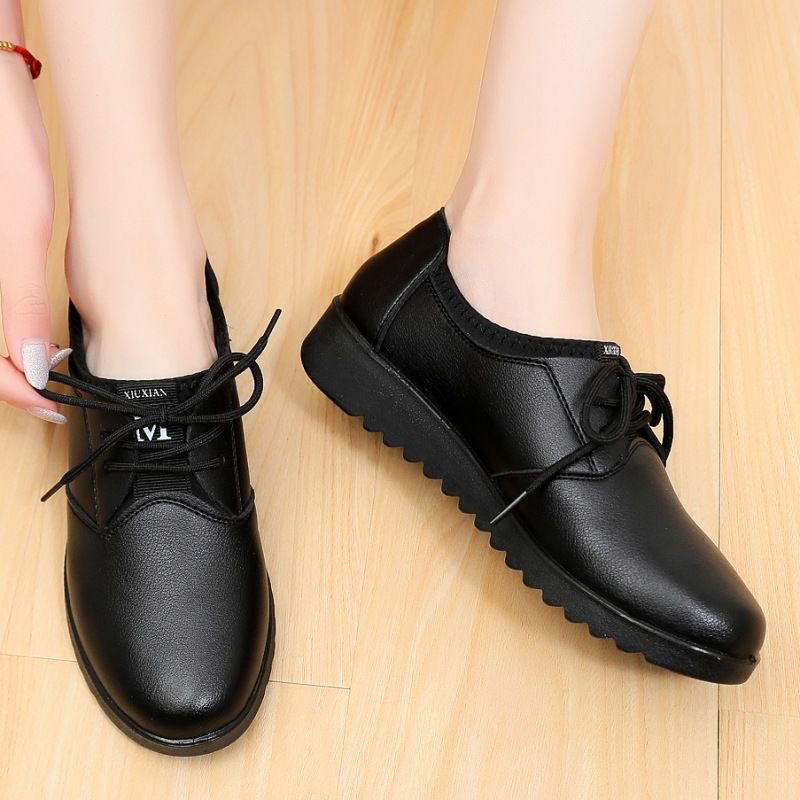 Leather Work Flats Women - 솔리드 블랙 옥스포드 슈즈 여성 작업용