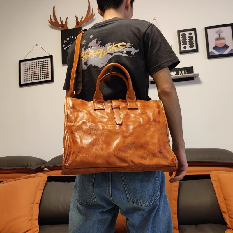 Leather Work Bag Laptop - 심플 빈티지 천연 가죽 남성 서류