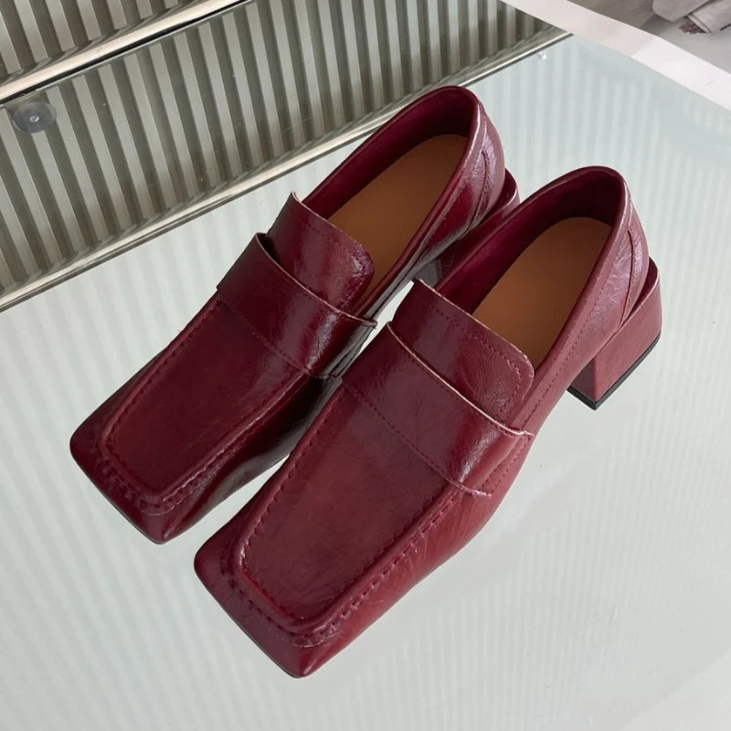 여성 스퀘어 토 청키 힐 드레스 슈즈 부드러운 가죽 로 - Leather Work Flats Women 리뷰 및 가격