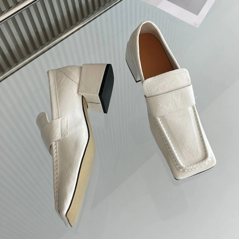 여성 스퀘어 토 청키 힐 드레스 슈즈 부드러운 가죽 로 - Leather Work Flats Women 리뷰 및 가격