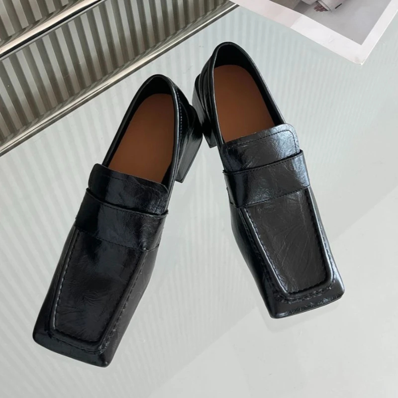 여성 스퀘어 토 청키 힐 드레스 슈즈 부드러운 가죽 로 - Leather Work Flats Women 리뷰 및 가격
