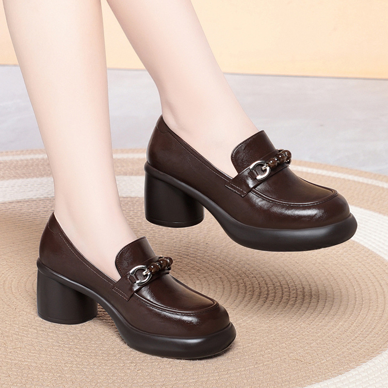 여성 청키 힐 로퍼 비즈 장식 메탈 버클 가죽 신발 편 - Leather Work Flats Women 리뷰 및 가격