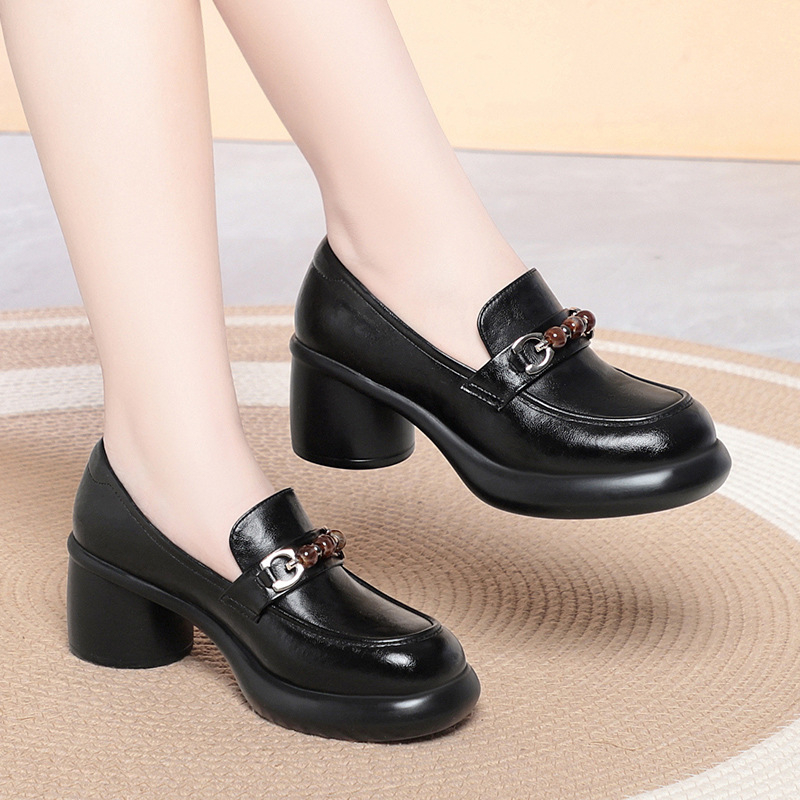 여성 청키 힐 로퍼 비즈 장식 메탈 버클 가죽 신발 편 - Leather Work Flats Women 리뷰 및 가격