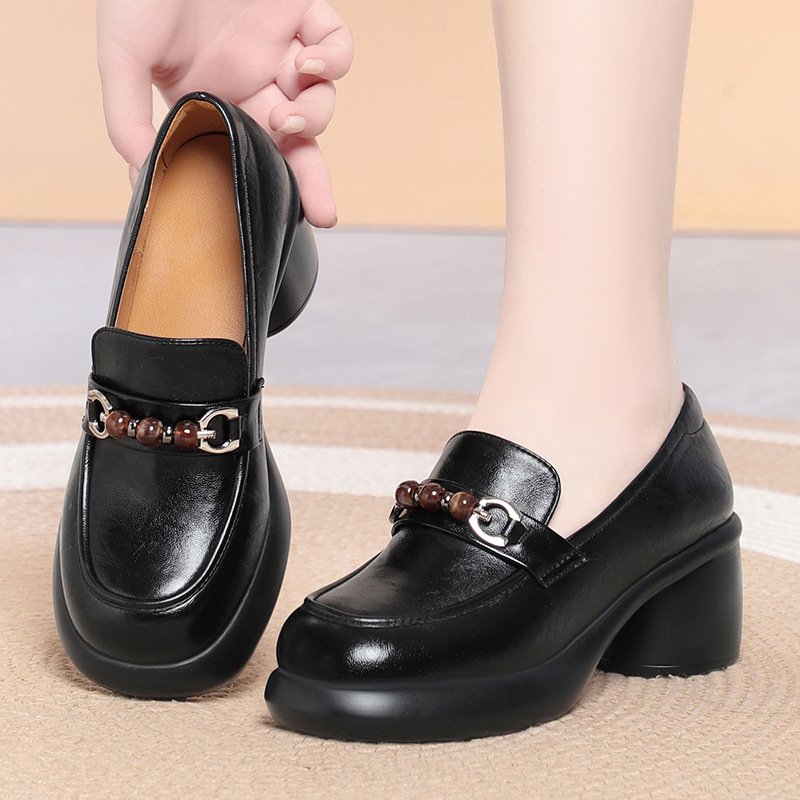 여성 청키 힐 로퍼 비즈 장식 메탈 버클 가죽 신발 편 - Leather Work Flats Women 리뷰 및 가격