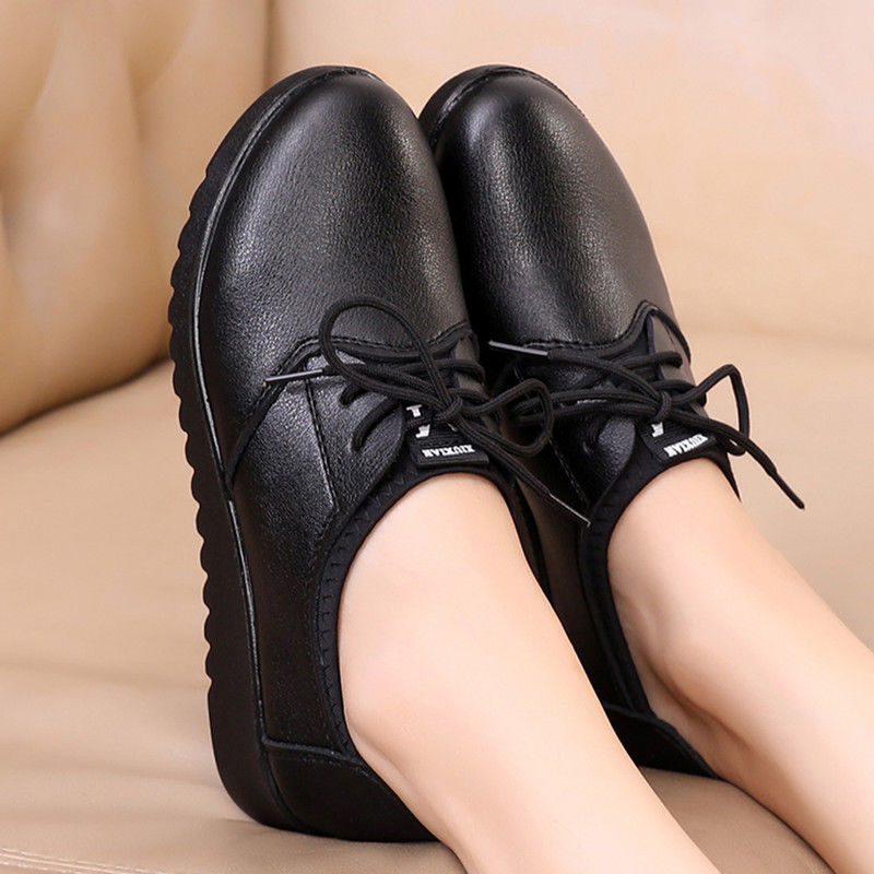 솔리드 블랙 옥스포드 슈즈 여성 작업용 가죽 웨지 플랫 - Leather Work Flats Women 리뷰 및 가격