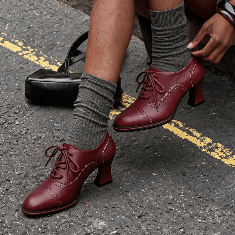 여성용 인조 가죽 브로그 옥스퍼드 힐 플레어드 미드 블 - Leather Work Flats Women 리뷰 및 가격