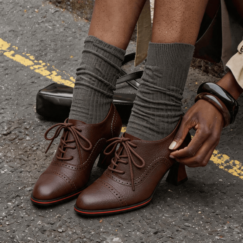여성용 인조 가죽 브로그 옥스퍼드 힐 플레어드 미드 블 - Leather Work Flats Women 리뷰 및 가격