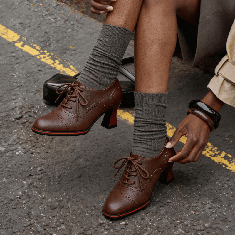 여성용 인조 가죽 브로그 옥스퍼드 힐 플레어드 미드 블 - Leather Work Flats Women 리뷰 및 가격
