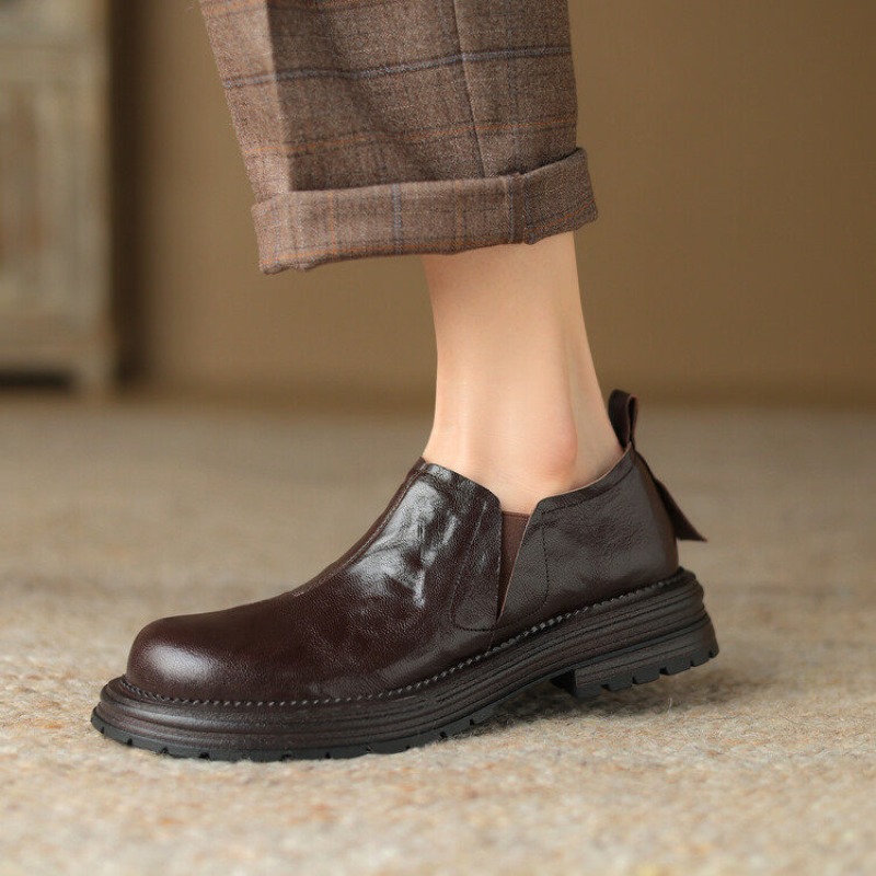 영국 스타일 라운드 토 정품 가죽 캐주얼 슬립온 로퍼  - Leather Work Flats Women 리뷰 및 가격