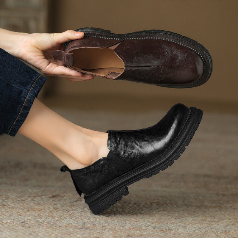영국 스타일 라운드 토 정품 가죽 캐주얼 슬립온 로퍼  - Leather Work Flats Women 리뷰 및 가격