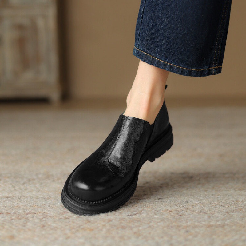 영국 스타일 라운드 토 정품 가죽 캐주얼 슬립온 로퍼  - Leather Work Flats Women 리뷰 및 가격